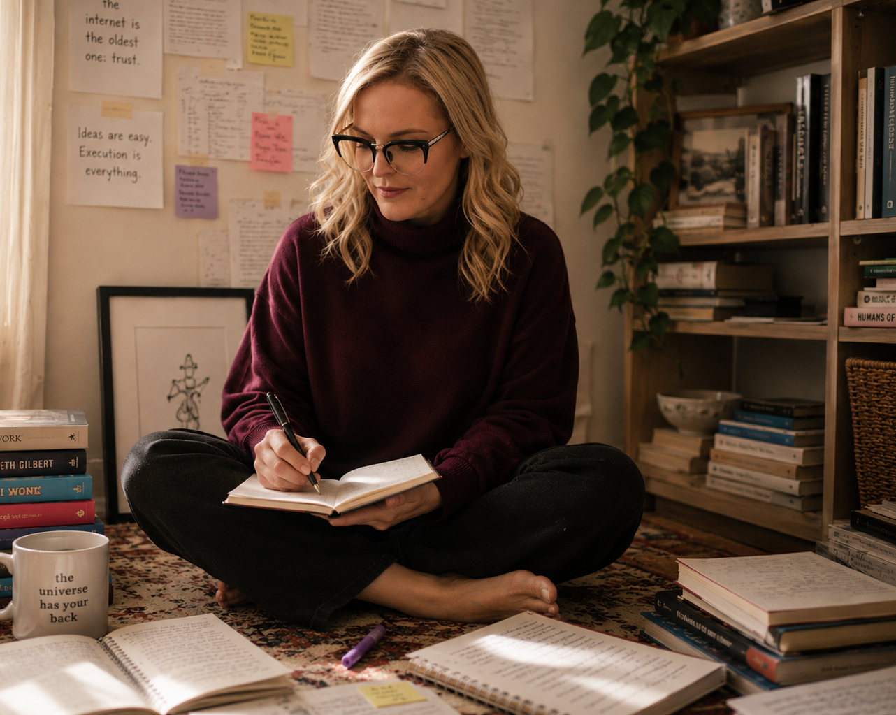 Ash sitting cross-legged on a rug, writing in a notebook surrounded by books and sticky notes